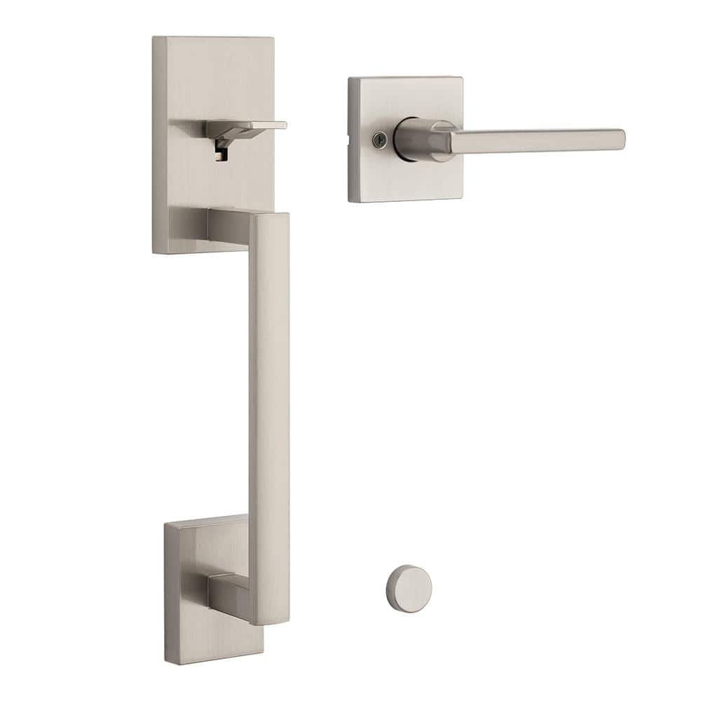 San Clemente Satin Nickel Door Handleset with Halifax Square Door Handle with Microban Antimicrobial Technology