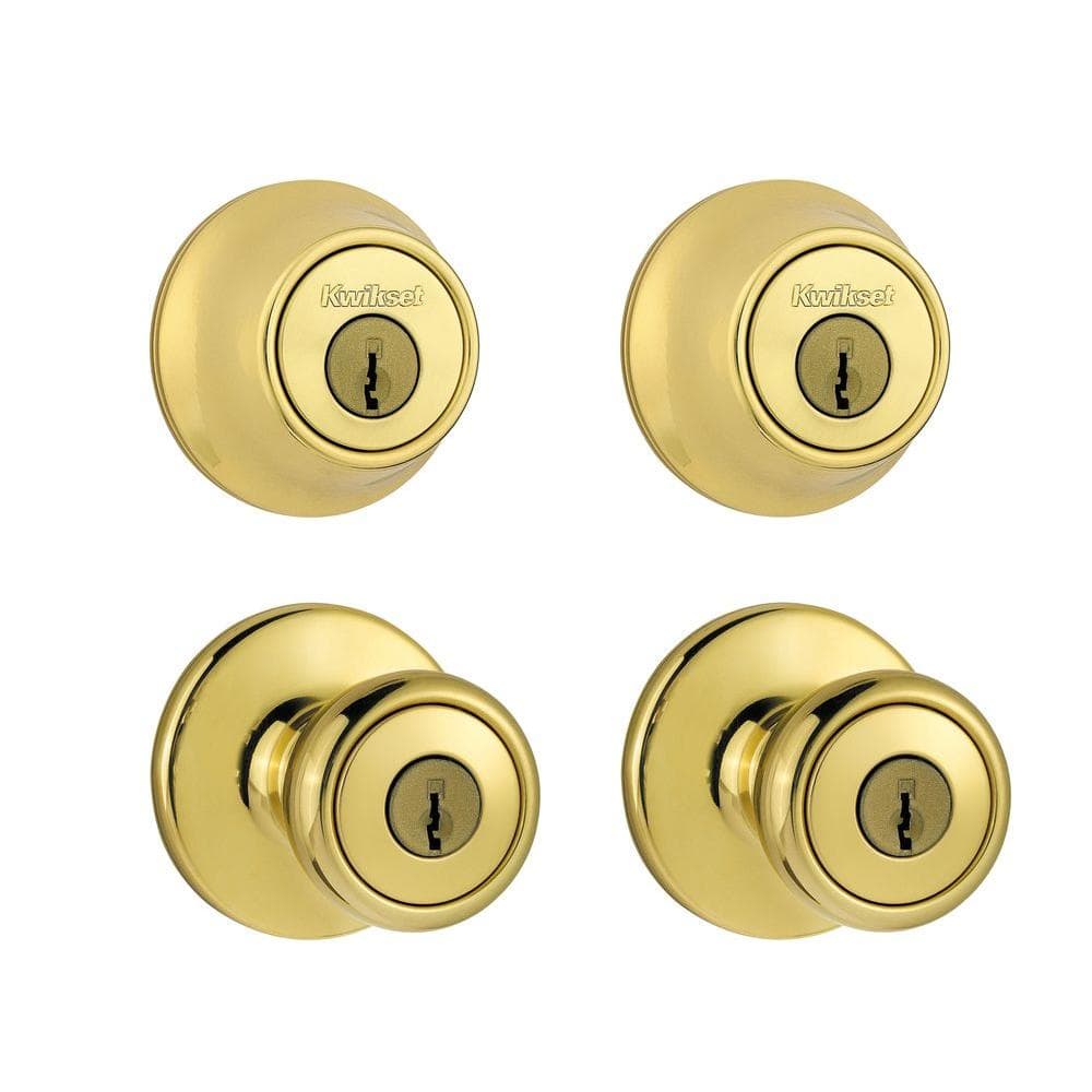 Tylo Polished Brass Exterior Entry Door Knob and Single Cylinder Deadbolt Project Pack Combo Pack
