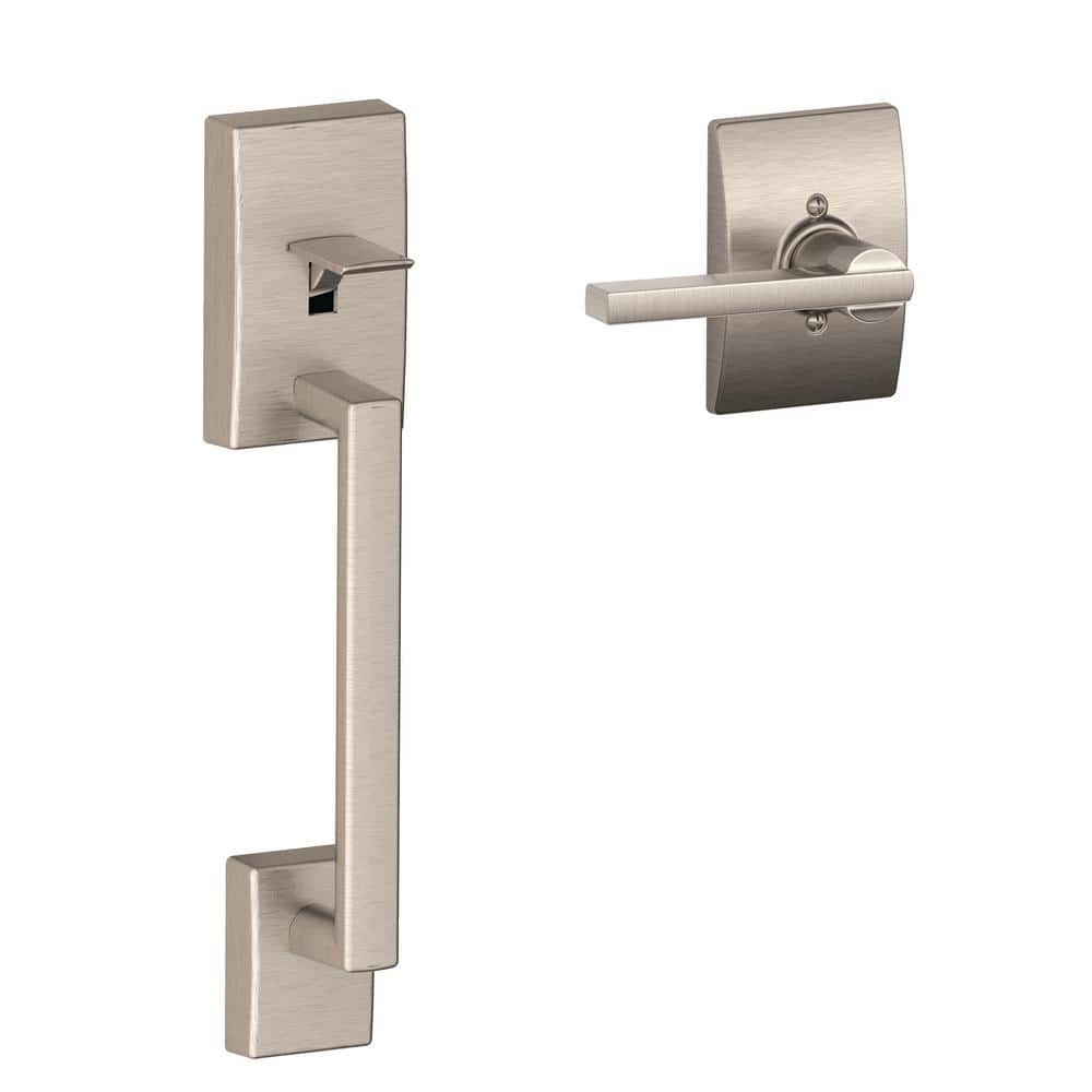Century Satin Nickel Door Handleset Grip with Latitude Door Handle and Century Trim