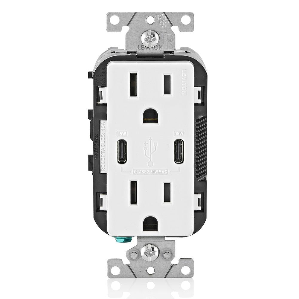 30-Watt 6 Amp White USB Charger for Smartphones and Tablets Type-C/C, 15 Amp Tamper-Resistant Outlet , (2-Pack)
