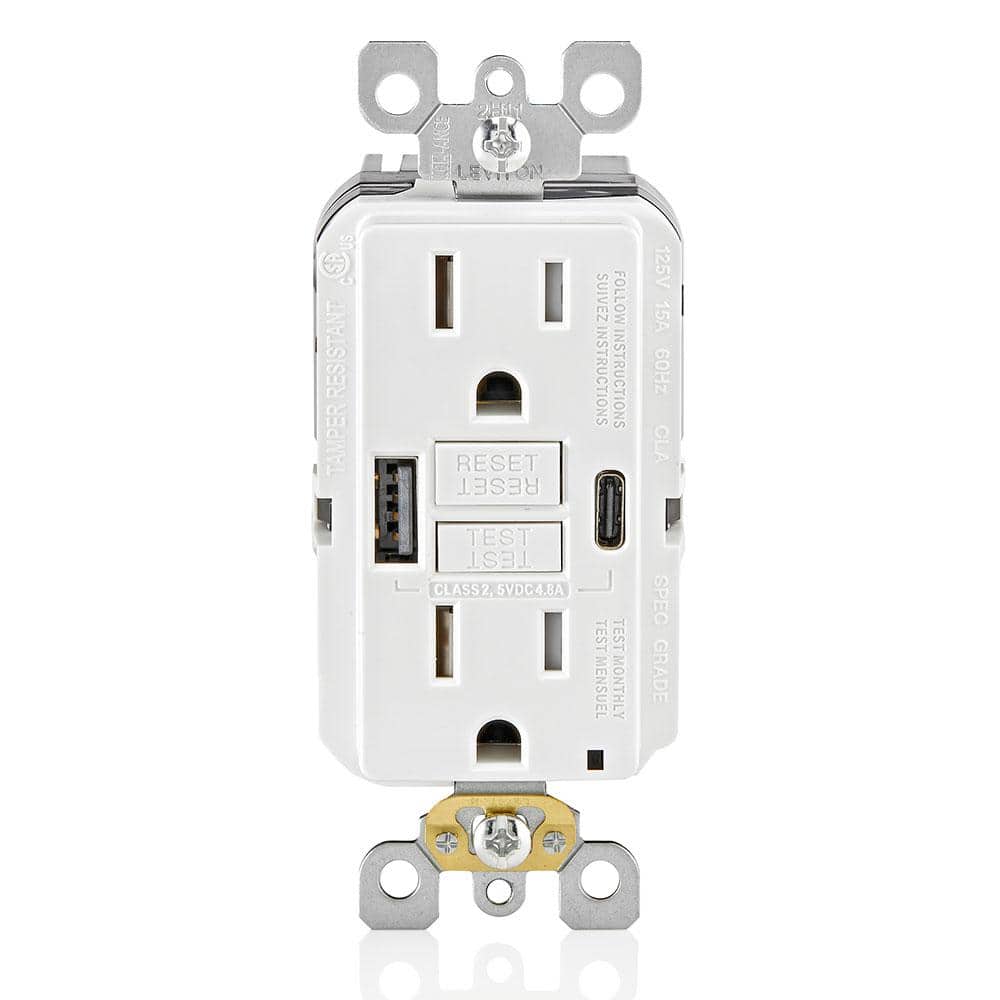 15 Amp SmartlockPro Self-Test GFCI Combination 24-Watt (4.8 Amp) Type A/C USB In-Wall Charger Duplex Outlet, White