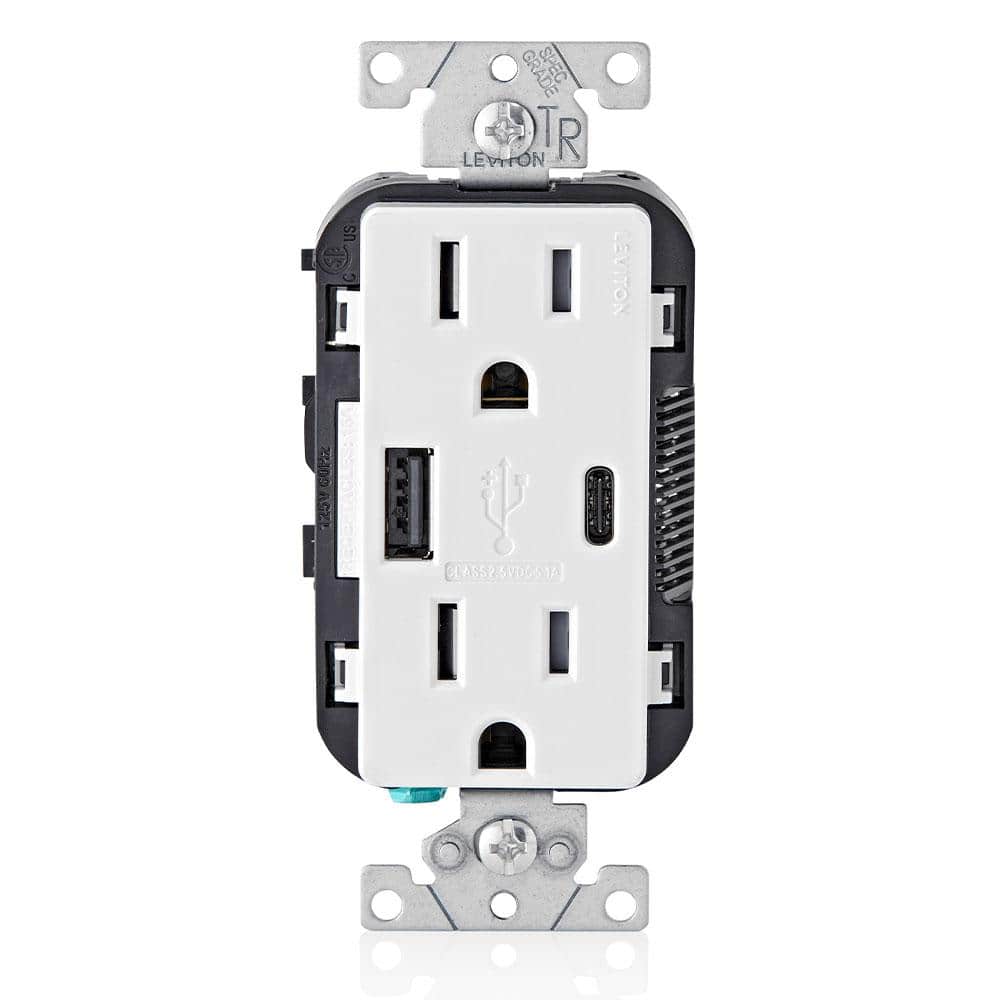 15 Amp Decora Type A and C USB Charger Tamper-Resistant Outlet, White T5633-BW