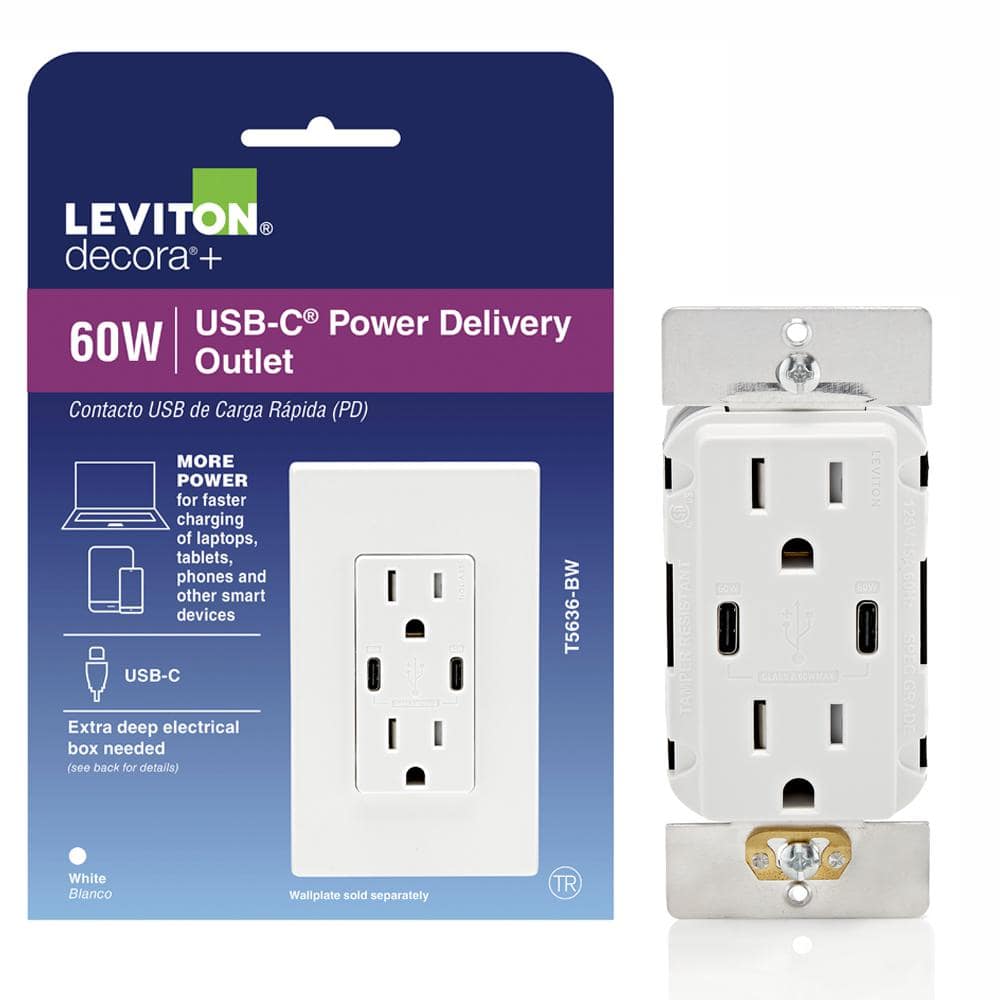 Decora 15 Amp Tamper Resistant Duplex Outlet with 60W USB-C Power Delivery Charger, White (1-Pack) T5636-BW