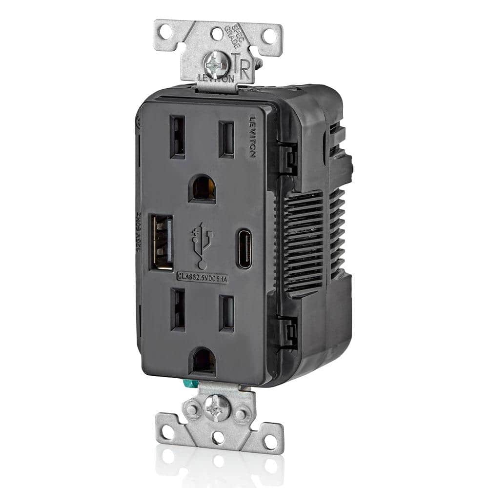Black, 15 Amp Decora Type A and C USB Charger Tamper-Resistant Outlet T5633-BE
